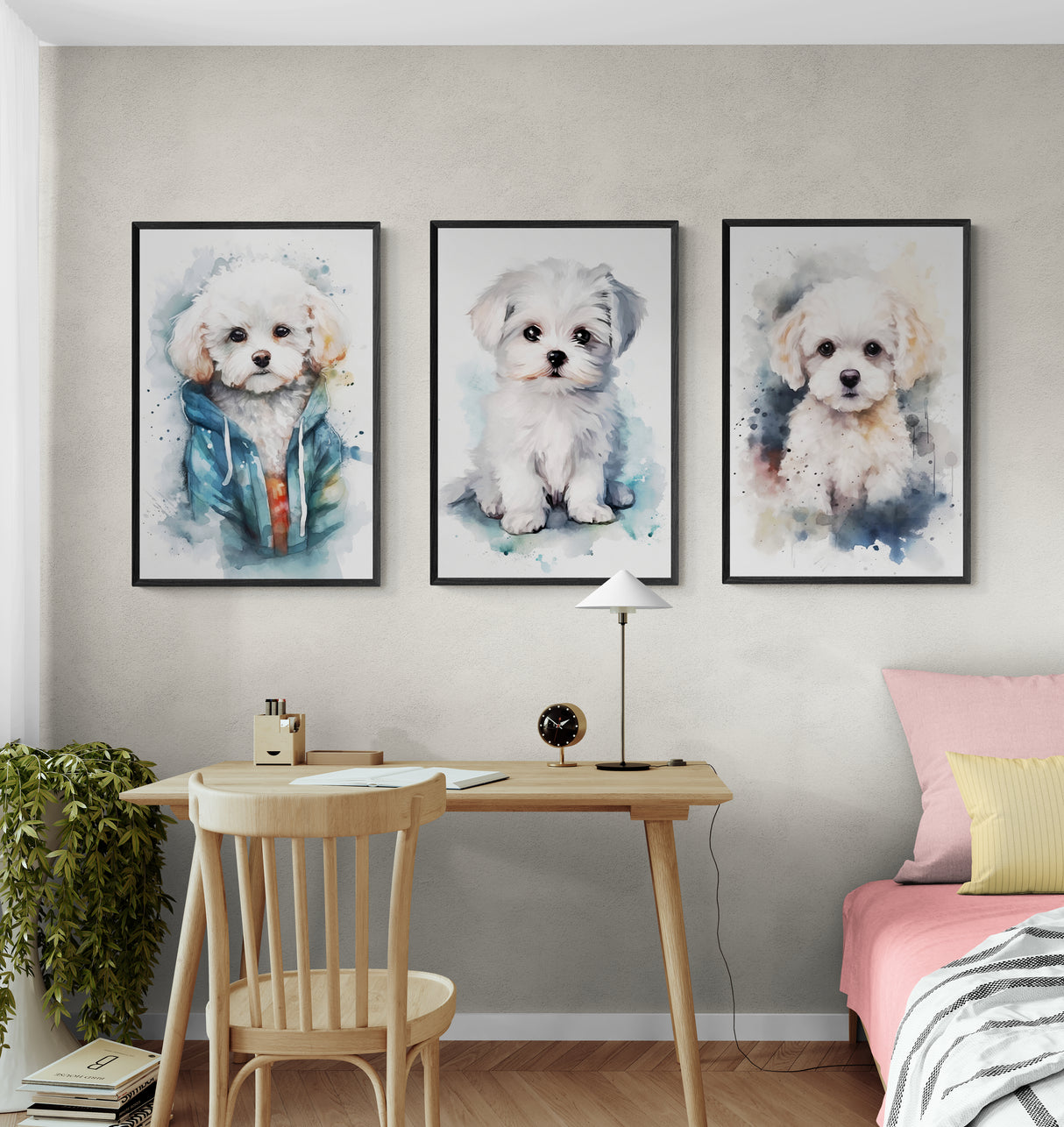 Charming Trio: Watercolor Maltese Puppy