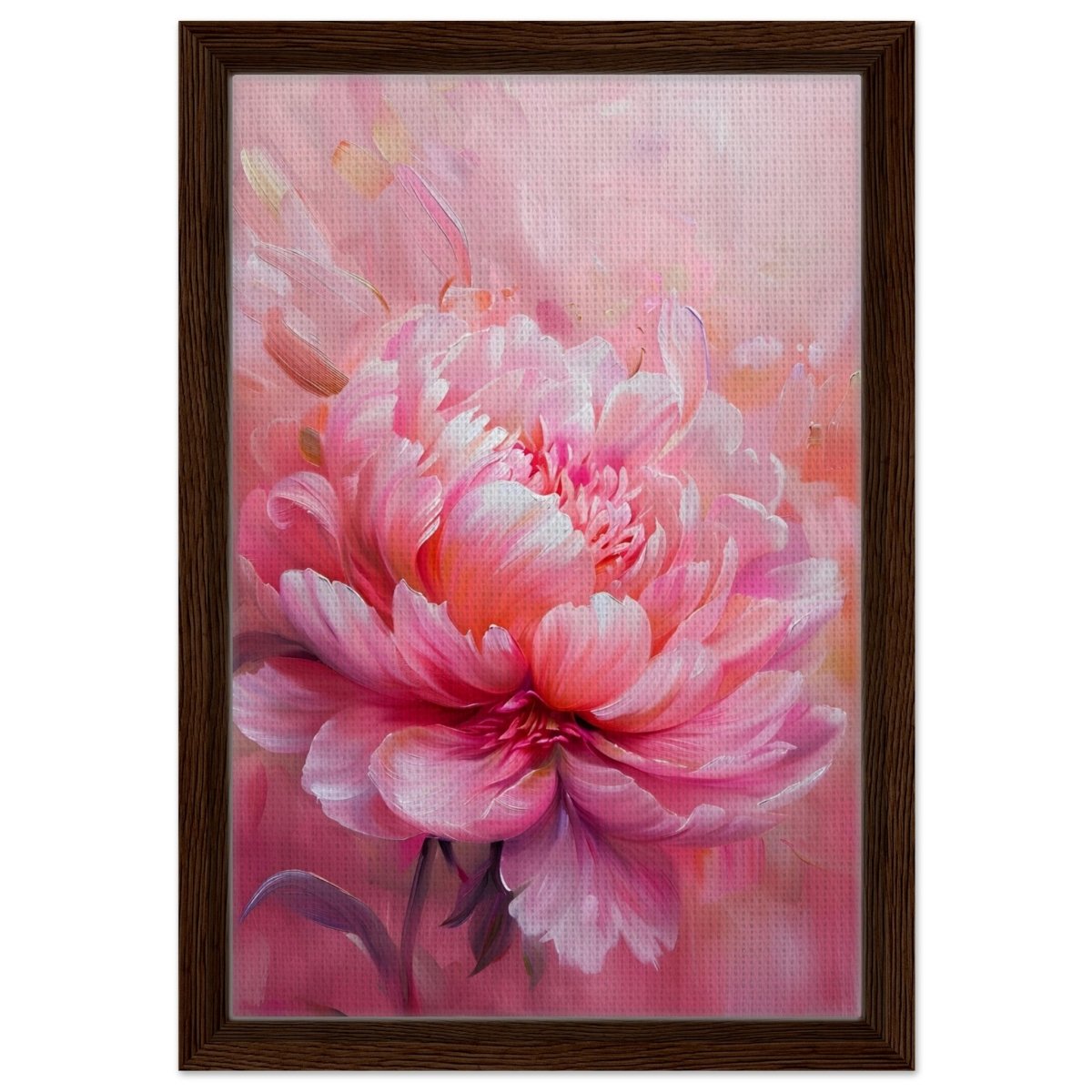 Blossom Radiance – Peony in Bloom | Modern Floral Art - 30x45 cm / 12x18″ - Framed Canvas - Dark wood frame