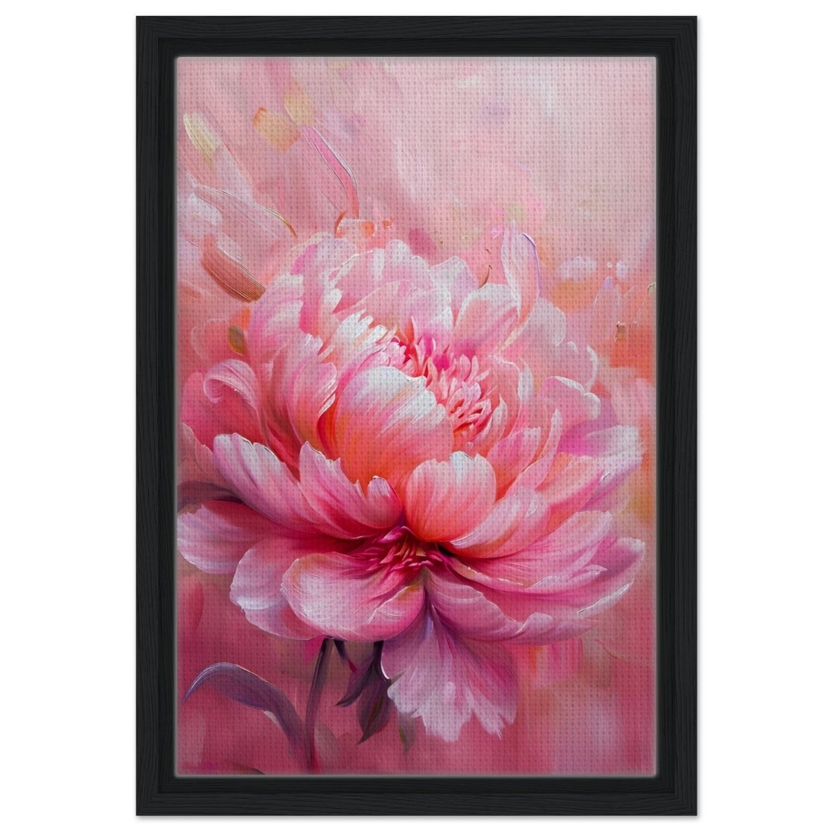 Blossom Radiance – Peony in Bloom | Modern Floral Art - 30x45 cm / 12x18″ - Framed Canvas - Black frame