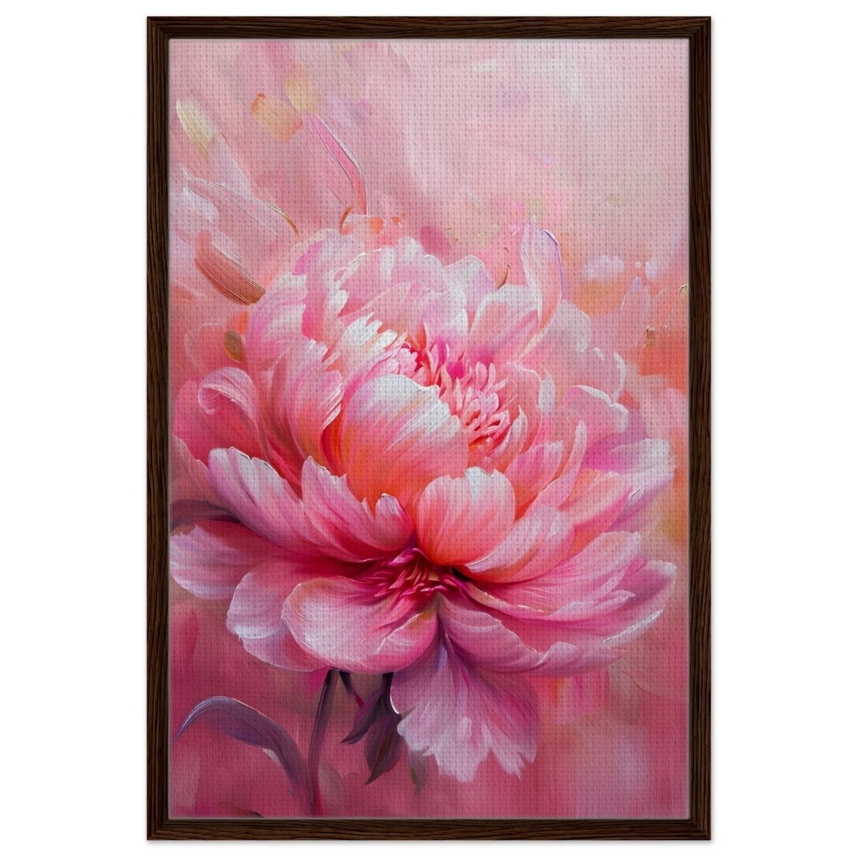 Blossom Radiance – Peony in Bloom | Modern Floral Art - 60x90 cm / 24x36″ - Framed Canvas - Dark wood frame