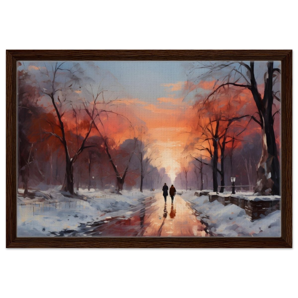 Crimson Dusk Walk | Winter Evening Glow | Nature Art Wall art print - Framed Canvas - 40x60 cm / 16x24″ - Dark wood frame