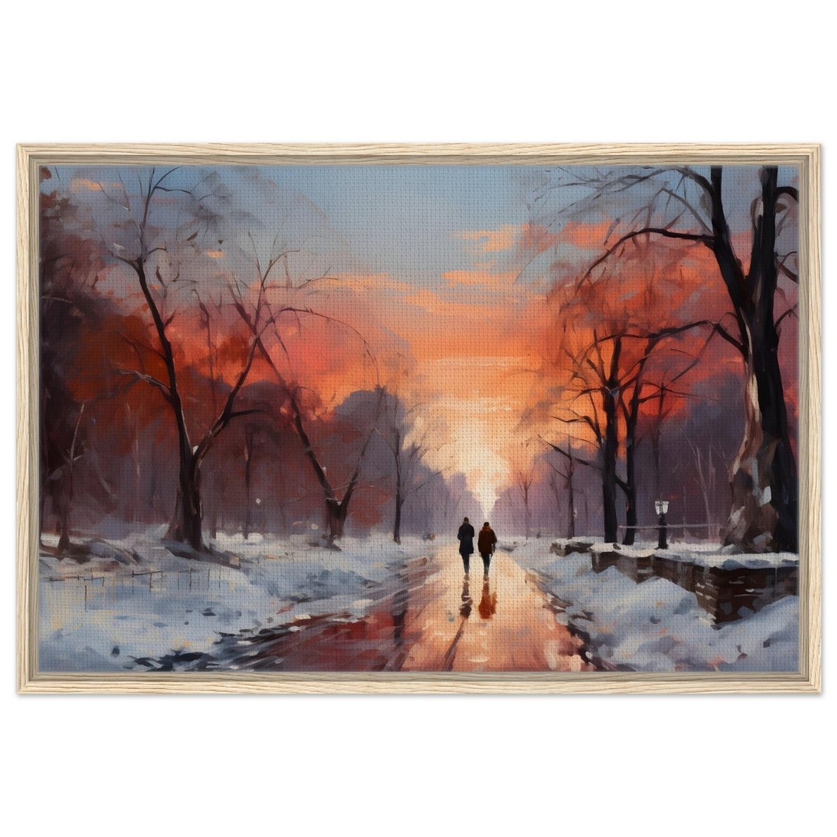 Crimson Dusk Walk | Winter Evening Glow | Nature Art Wall art print - Framed Canvas - 60x90 cm / 24x36″ - Wood frame