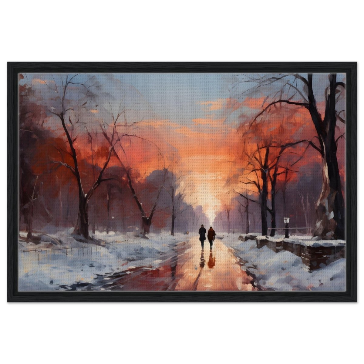 Crimson Dusk Walk | Winter Evening Glow | Nature Art Wall art print - Framed Canvas - 50x75 cm / 20x30″ - Black frame