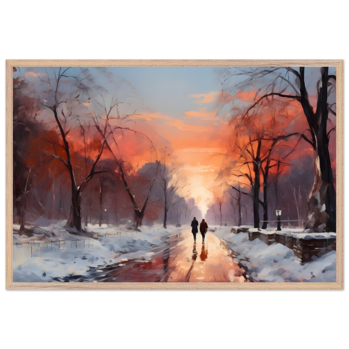 Crimson Dusk Walk | Winter Evening Glow | Nature Art Wall art print - Premium Wooden Framed Poster With Premium Matte Paper - 60x90 cm / 24x36″ - Wood frame