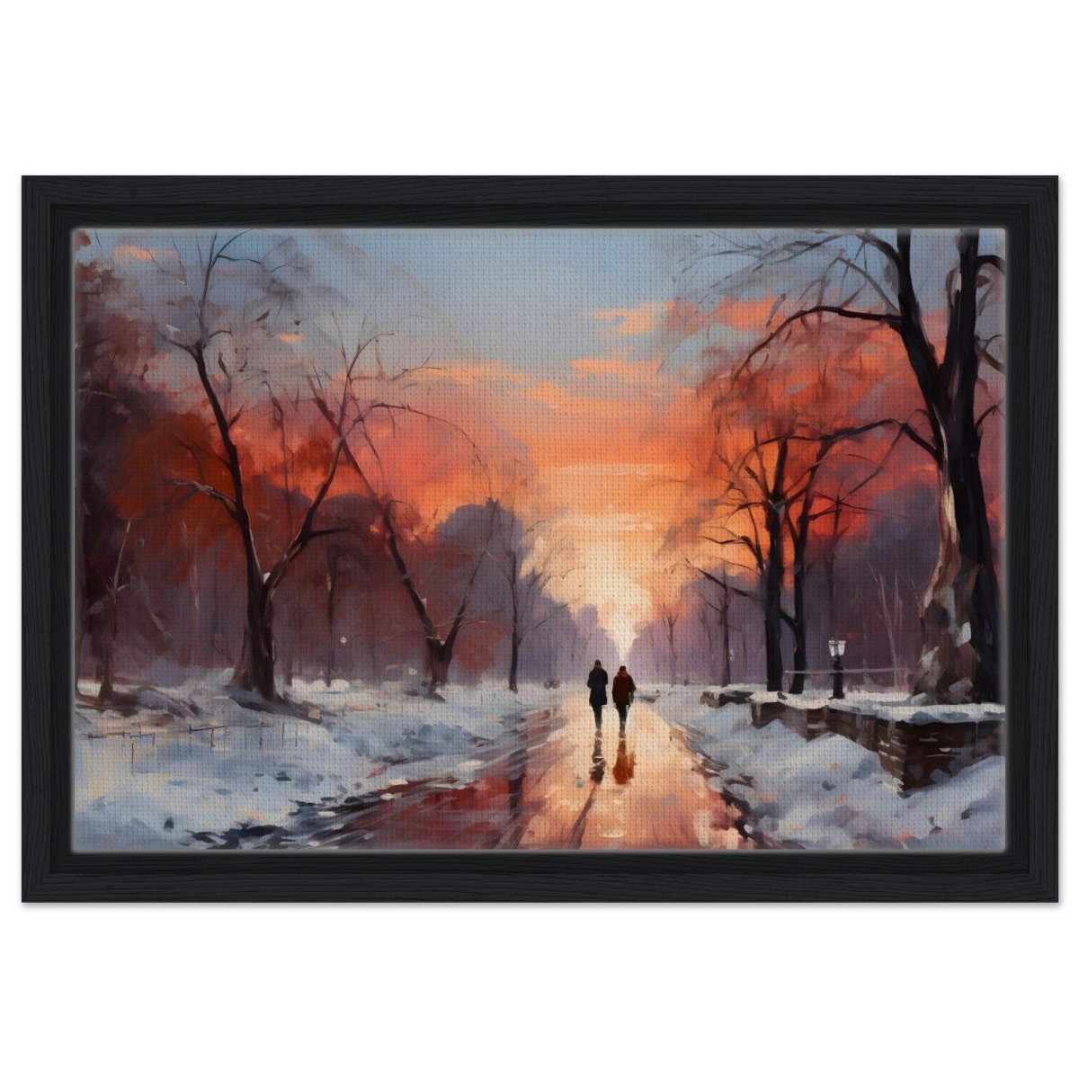 Crimson Dusk Walk | Winter Evening Glow | Nature Art Wall art print - Framed Canvas - 30x45 cm / 12x18″ - Black frame