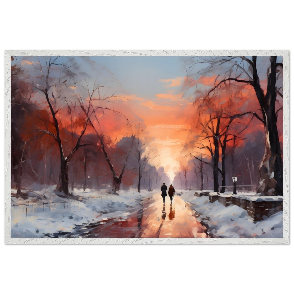 Crimson Dusk Walk | Winter Evening Glow | Nature Art Wall art print - Premium Wooden Framed Poster With Premium Matte Paper - 60x90 cm / 24x36″ - White frame