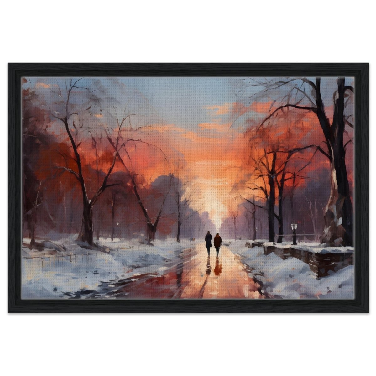 Crimson Dusk Walk | Winter Evening Glow | Nature Art Wall art print - Framed Canvas - 40x60 cm / 16x24″ - Black frame