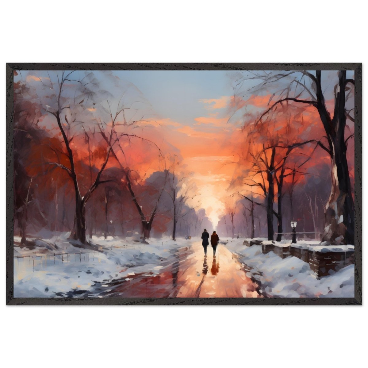 Crimson Dusk Walk | Winter Evening Glow | Nature Art Wall art print - Premium Wooden Framed Poster With Premium Matte Paper - 60x90 cm / 24x36″ - Black frame