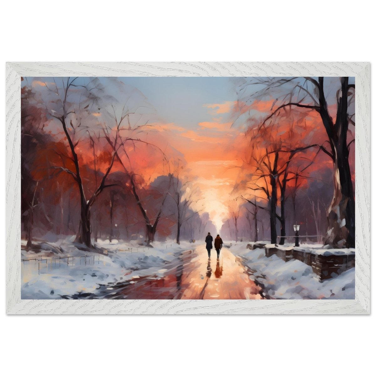 Crimson Dusk Walk | Winter Evening Glow | Nature Art Wall art print - Premium Wooden Framed Poster With Premium Matte Paper - 30x45 cm / 12x18″ - White frame