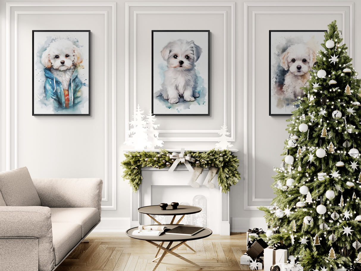 Charming Trio: Watercolor Maltese Puppy