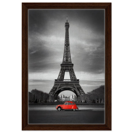 Elegant Paris - Eiffel Tower and Vintage Ride - Framed Canvas - 30x45 cm / 12x18″ - Dark wood frame