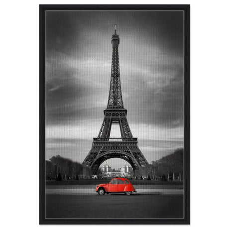 Elegant Paris - Eiffel Tower and Vintage Ride - Framed Canvas - 60x90 cm / 24x36″ - Black frame