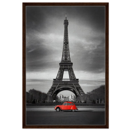 Elegant Paris - Eiffel Tower and Vintage Ride - Framed Canvas - 60x90 cm / 24x36″ - Dark wood frame