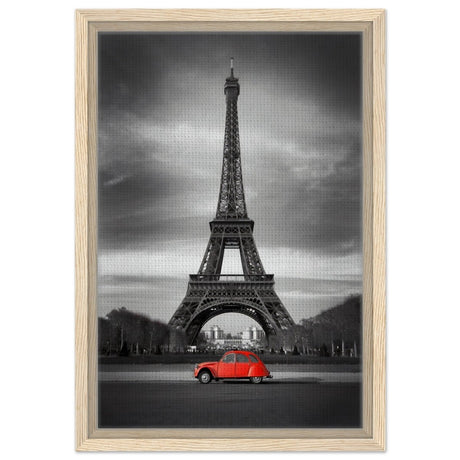 Elegant Paris - Eiffel Tower and Vintage Ride - Framed Canvas - 30x45 cm / 12x18″ - Wood frame