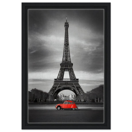 Elegant Paris - Eiffel Tower and Vintage Ride - Framed Canvas - 30x45 cm / 12x18″ - Black frame