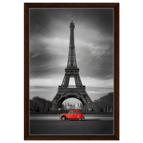 Elegant Paris - Eiffel Tower and Vintage Ride - Framed Canvas - 40x60 cm / 16x24″ - Dark wood frame