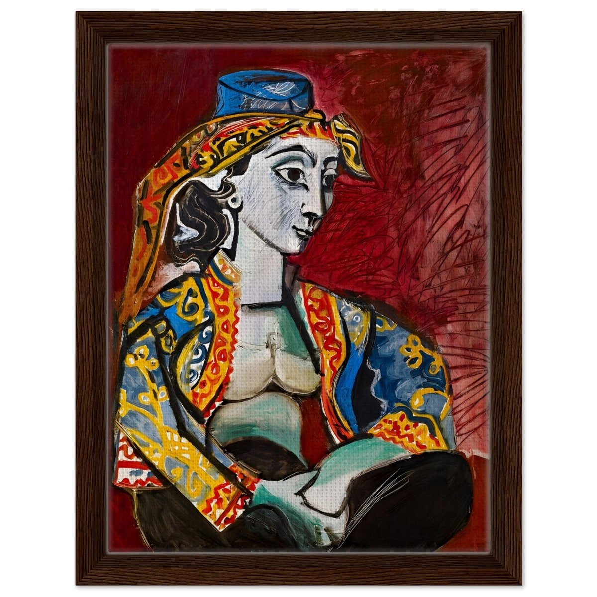 Jacqueline in Turkish Costume by Pablo Picasso | Cubism Art wall art print - Framed Canvas - 30x40 cm / 12x16″ - Dark wood frame