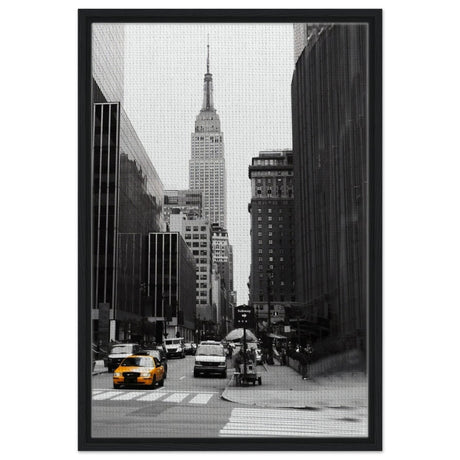 Manhattan Moments - Empire State Tower and Yellow Cab - Framed Canvas - 50x75 cm / 20x30″ - Black frame