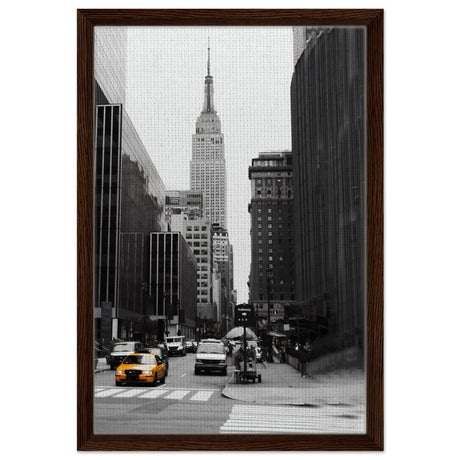 Manhattan Moments - Empire State Tower and Yellow Cab - Framed Canvas - 40x60 cm / 16x24″ - Dark wood frame