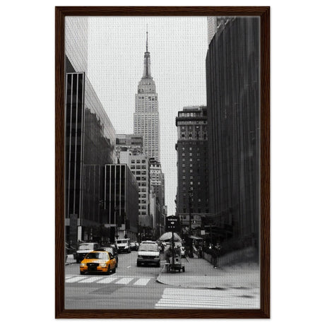 Manhattan Moments - Empire State Tower and Yellow Cab - Framed Canvas - 50x75 cm / 20x30″ - Dark wood frame