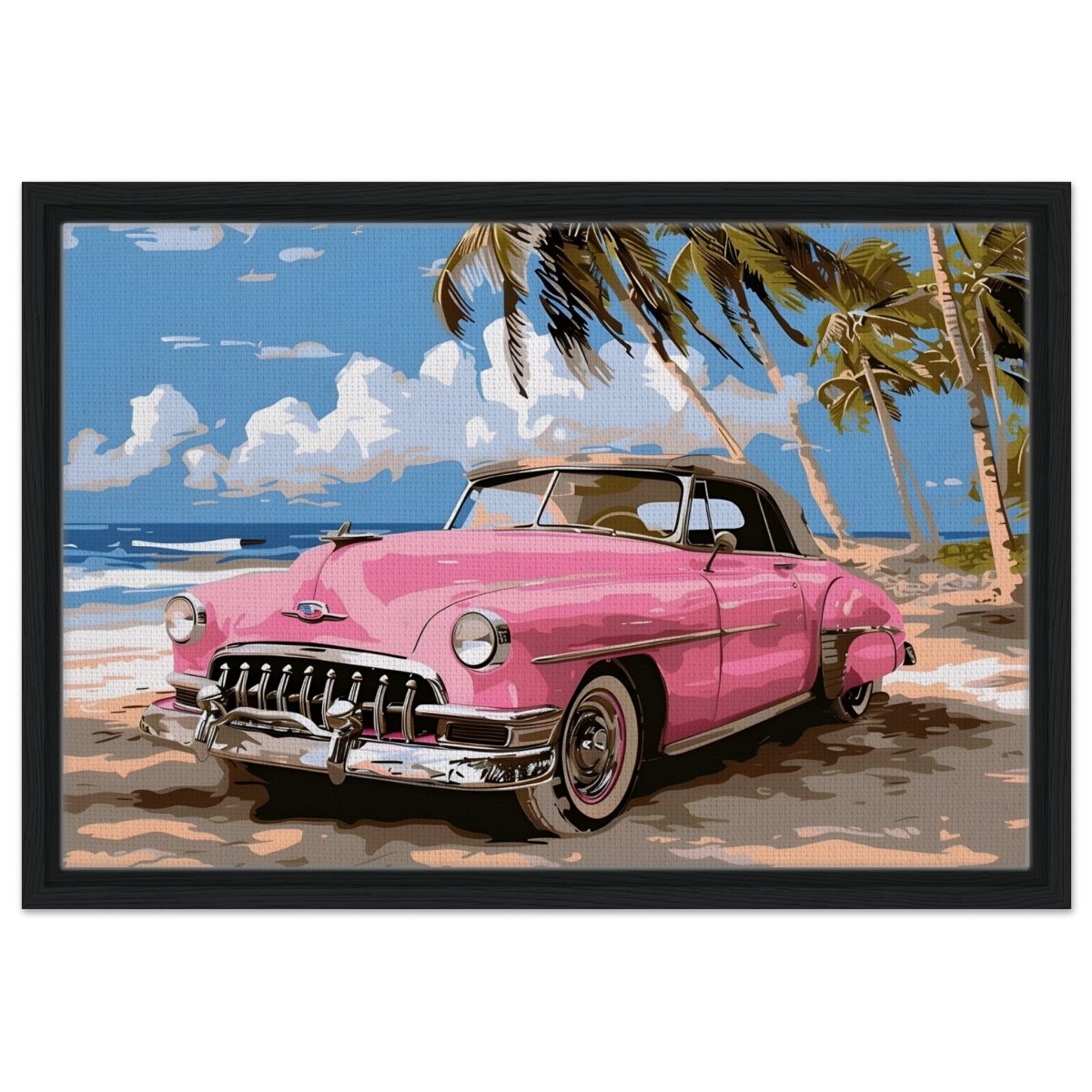 Retro Getaway – Pink Classic on the Beach | digital illustration with a vector - style aesthetic - 40x60 cm / 16x24″ - Framed Canvas - Black frame