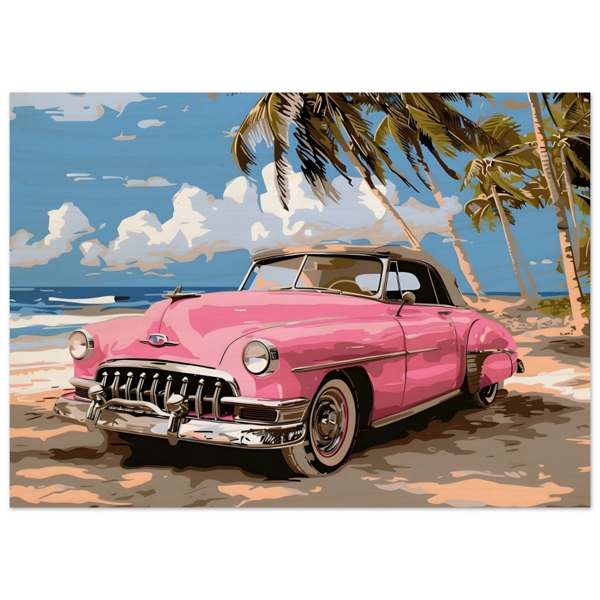 Retro Getaway – Pink Classic on the Beach | digital illustration with a vector - style aesthetic - 50x70 cm / 20x28″ - Wood Prints - 