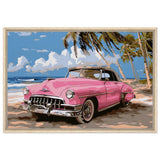 Retro Getaway – Pink Classic on the Beach | digital illustration with a vector - style aesthetic - 60x90 cm / 24x36″ - Framed Canvas - Wood frame