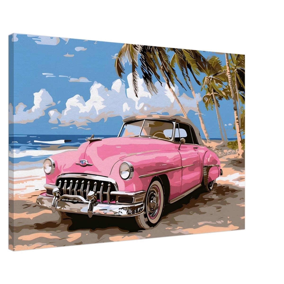 Retro Getaway – Pink Classic on the Beach | digital illustration with a vector - style aesthetic - 60x90 cm / 24x36″ - Canvas - 