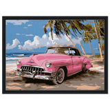 Retro Getaway – Pink Classic on the Beach | digital illustration with a vector - style aesthetic - 50x70 cm / 20x28″ - Framed Canvas - Black frame