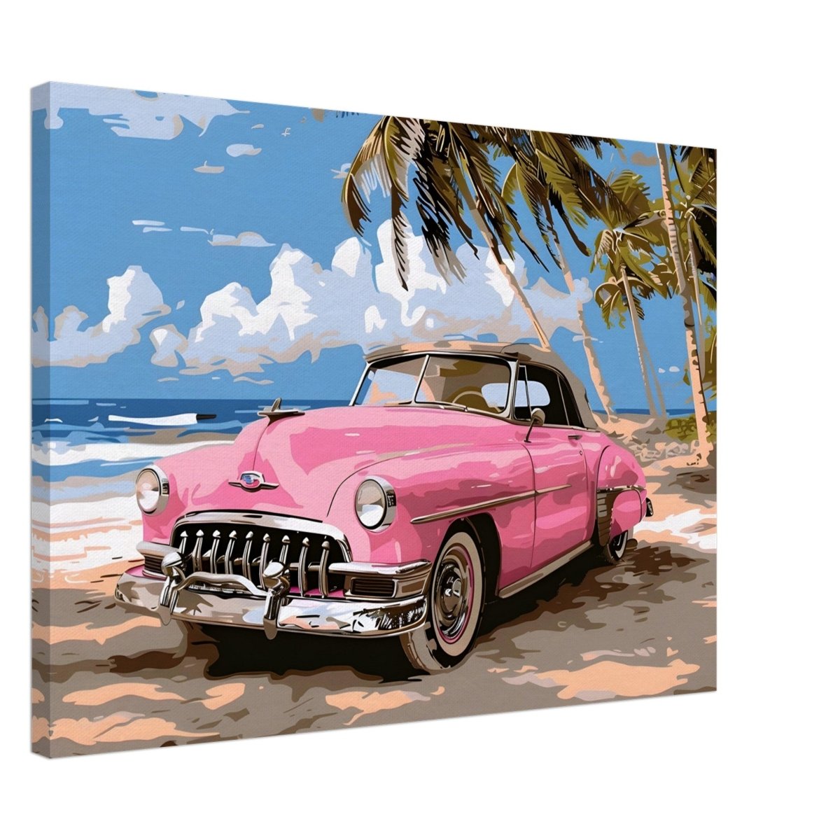 Retro Getaway – Pink Classic on the Beach | digital illustration with a vector - style aesthetic - 50x70 cm / 20x28″ - Canvas - 