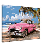 Retro Getaway – Pink Classic on the Beach | digital illustration with a vector - style aesthetic - 50x70 cm / 20x28″ - Canvas - 