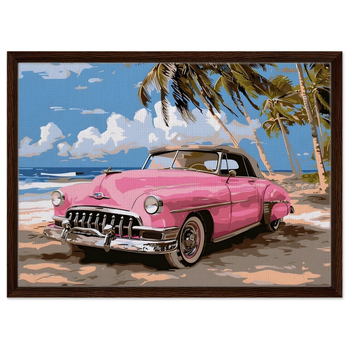 Retro Getaway – Pink Classic on the Beach | digital illustration with a vector - style aesthetic - 50x70 cm / 20x28″ - Framed Canvas - Dark wood frame