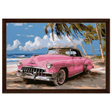 Retro Getaway – Pink Classic on the Beach | digital illustration with a vector - style aesthetic - 40x60 cm / 16x24″ - Framed Canvas - Dark wood frame