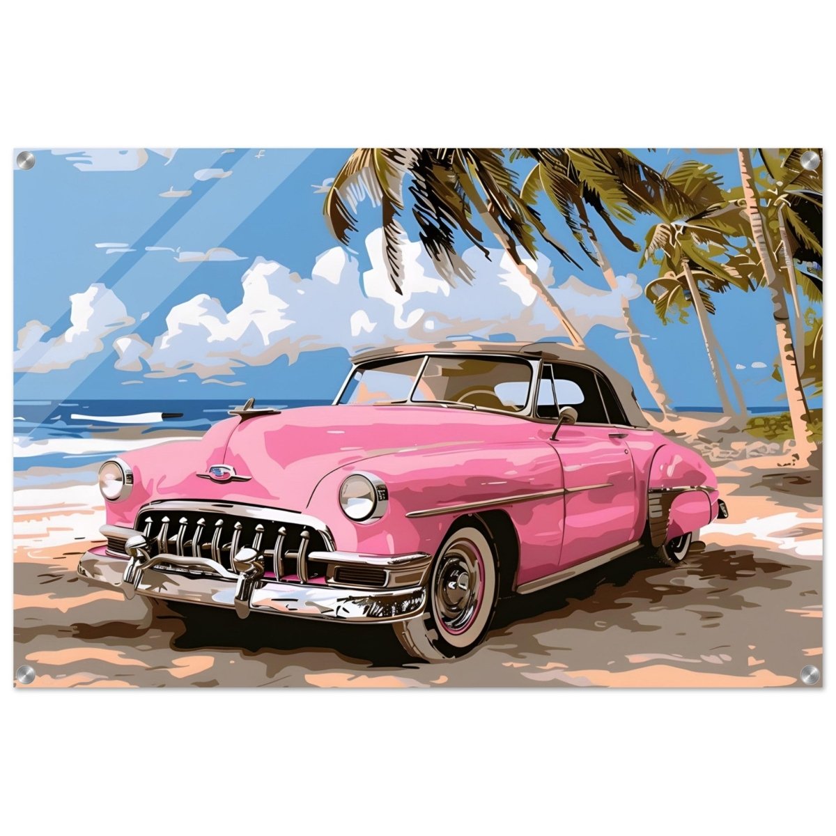 Retro Getaway – Pink Classic on the Beach | digital illustration with a vector - style aesthetic - 60x90 cm / 24x36″ - Acrylic Print - 