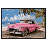 Retro Getaway – Pink Classic on the Beach | digital illustration with a vector - style aesthetic - 60x90 cm / 24x36″ - Framed Canvas - Black frame