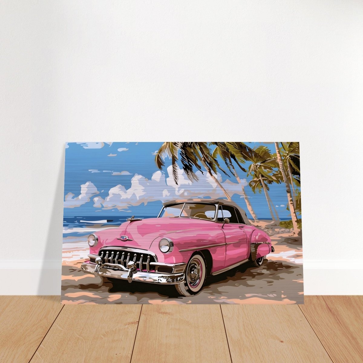 Retro Getaway – Pink Classic on the Beach | digital illustration with a vector - style aesthetic - 60x90 cm / 24x36″ - Brushed Aluminum Print - 