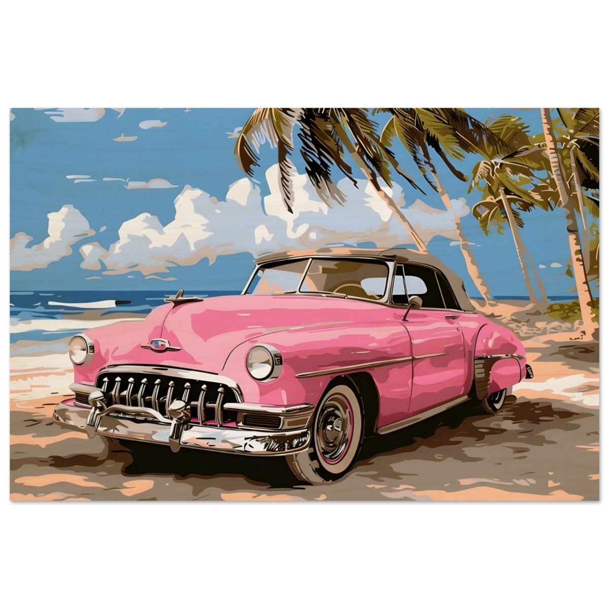 Retro Getaway – Pink Classic on the Beach | digital illustration with a vector - style aesthetic - 30x45 cm / 12x18″ - Wood Prints - 