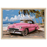 Retro Getaway – Pink Classic on the Beach | digital illustration with a vector - style aesthetic - 40x60 cm / 16x24″ - Framed Canvas - Wood frame