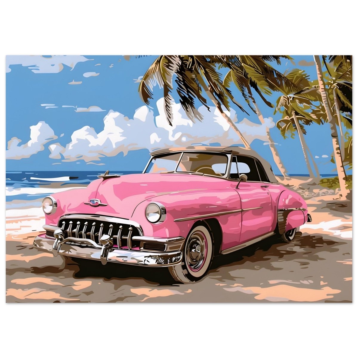 Retro Getaway – Pink Classic on the Beach | digital illustration with a vector - style aesthetic - 50x70 cm / 20x28″ - Aluminum Print - 