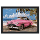 Retro Getaway – Pink Classic on the Beach | digital illustration with a vector - style aesthetic - 30x45 cm / 12x18″ - Framed Canvas - Black frame