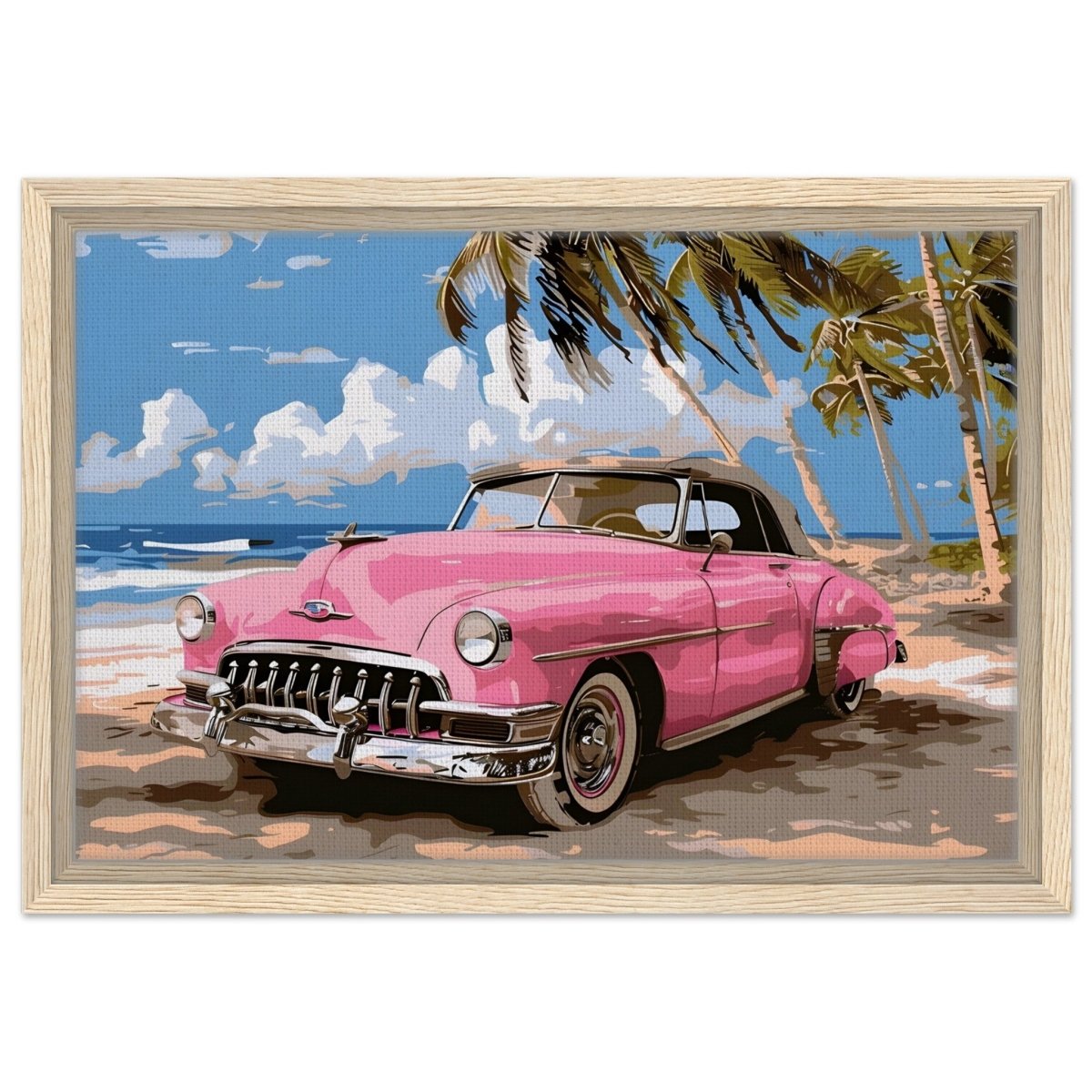 Retro Getaway – Pink Classic on the Beach | digital illustration with a vector - style aesthetic - 30x45 cm / 12x18″ - Framed Canvas - Wood frame