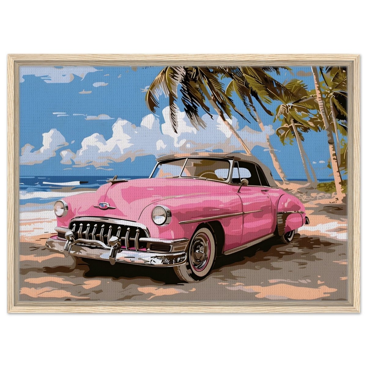 Retro Getaway – Pink Classic on the Beach | digital illustration with a vector - style aesthetic - 50x70 cm / 20x28″ - Framed Canvas - Wood frame