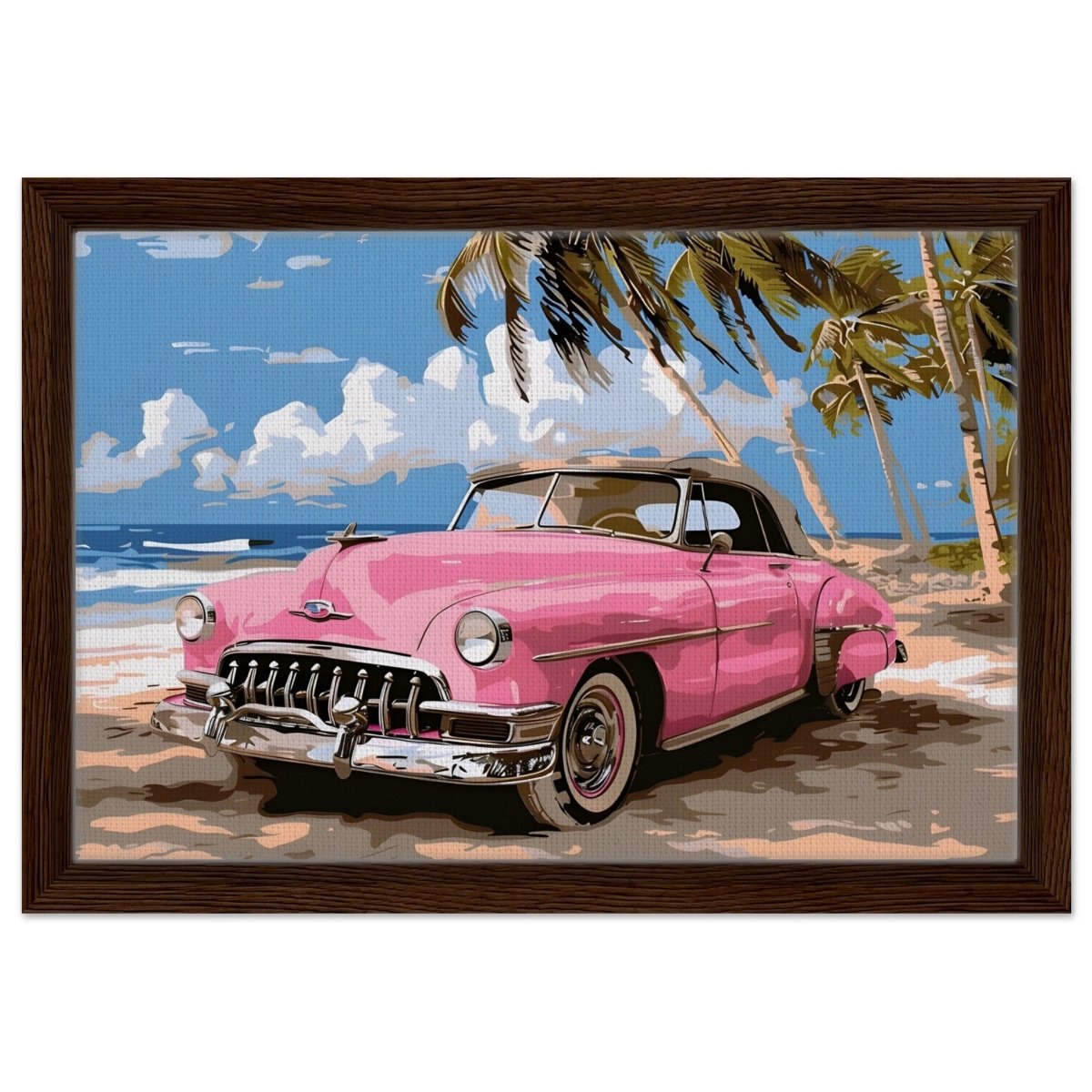 Retro Getaway – Pink Classic on the Beach | digital illustration with a vector - style aesthetic - 30x45 cm / 12x18″ - Framed Canvas - Dark wood frame