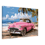 Retro Getaway – Pink Classic on the Beach | digital illustration with a vector - style aesthetic - 40x60 cm / 16x24″ - Canvas - 