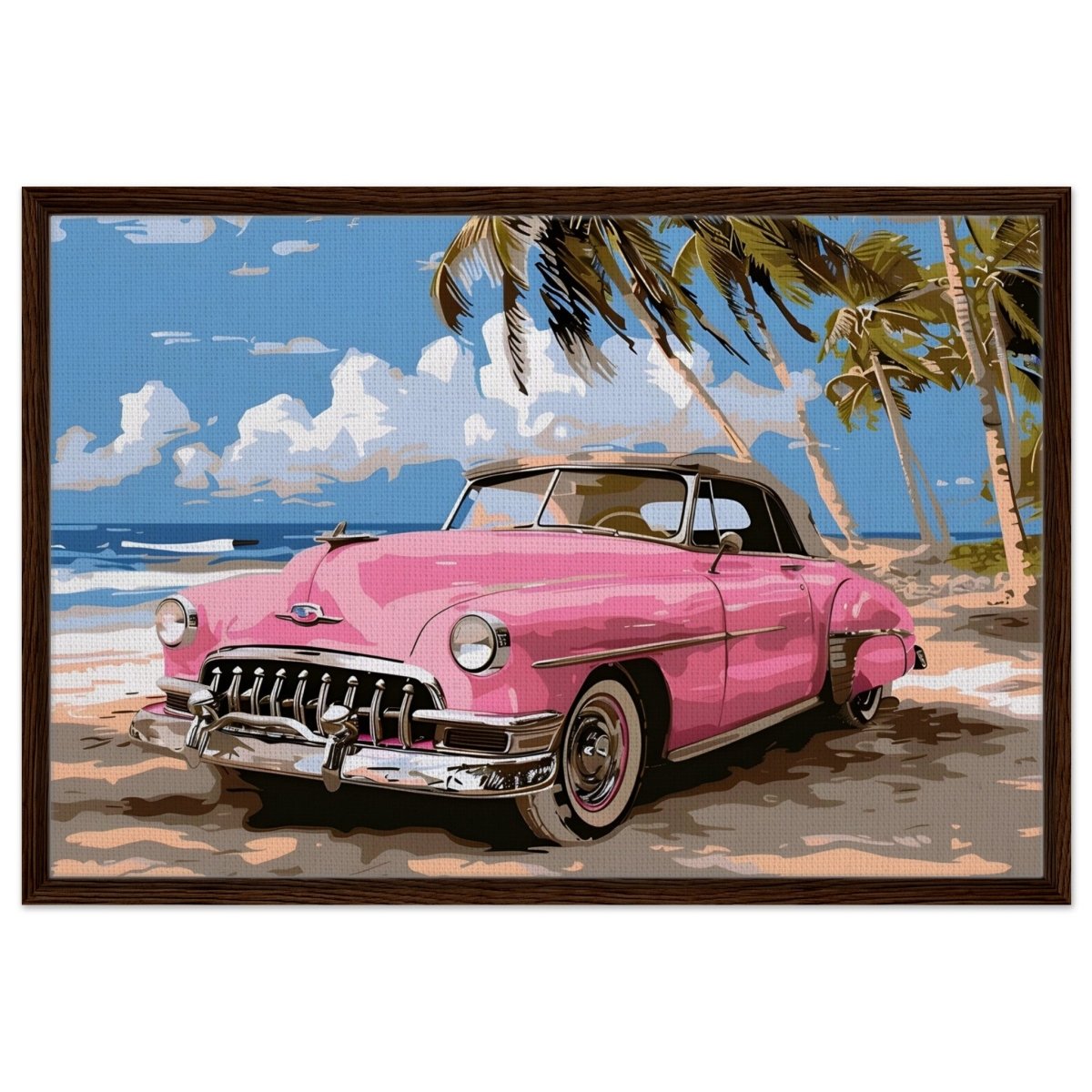 Retro Getaway – Pink Classic on the Beach | digital illustration with a vector - style aesthetic - 60x90 cm / 24x36″ - Framed Canvas - Dark wood frame