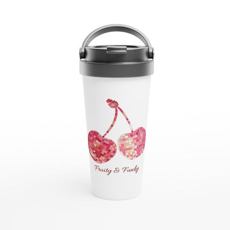 White Stainless Steel Water Bottles & Travel Mugs | Cherry - Fruity & Funky - White 15oz Stainless Steel Travel Mug - 