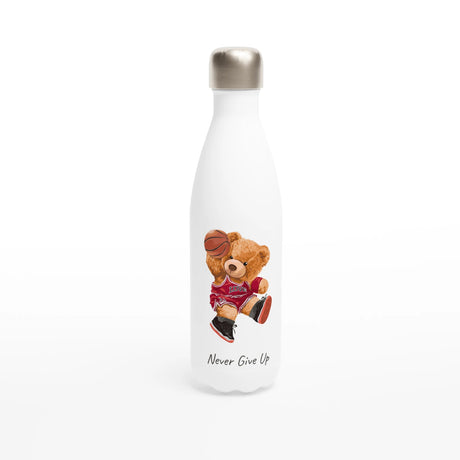 White Stainless Steel Water Bottles & Travel Mugs | Never Give Up | Teddy Bear - White 17oz Stainless Steel Water Bottle - 