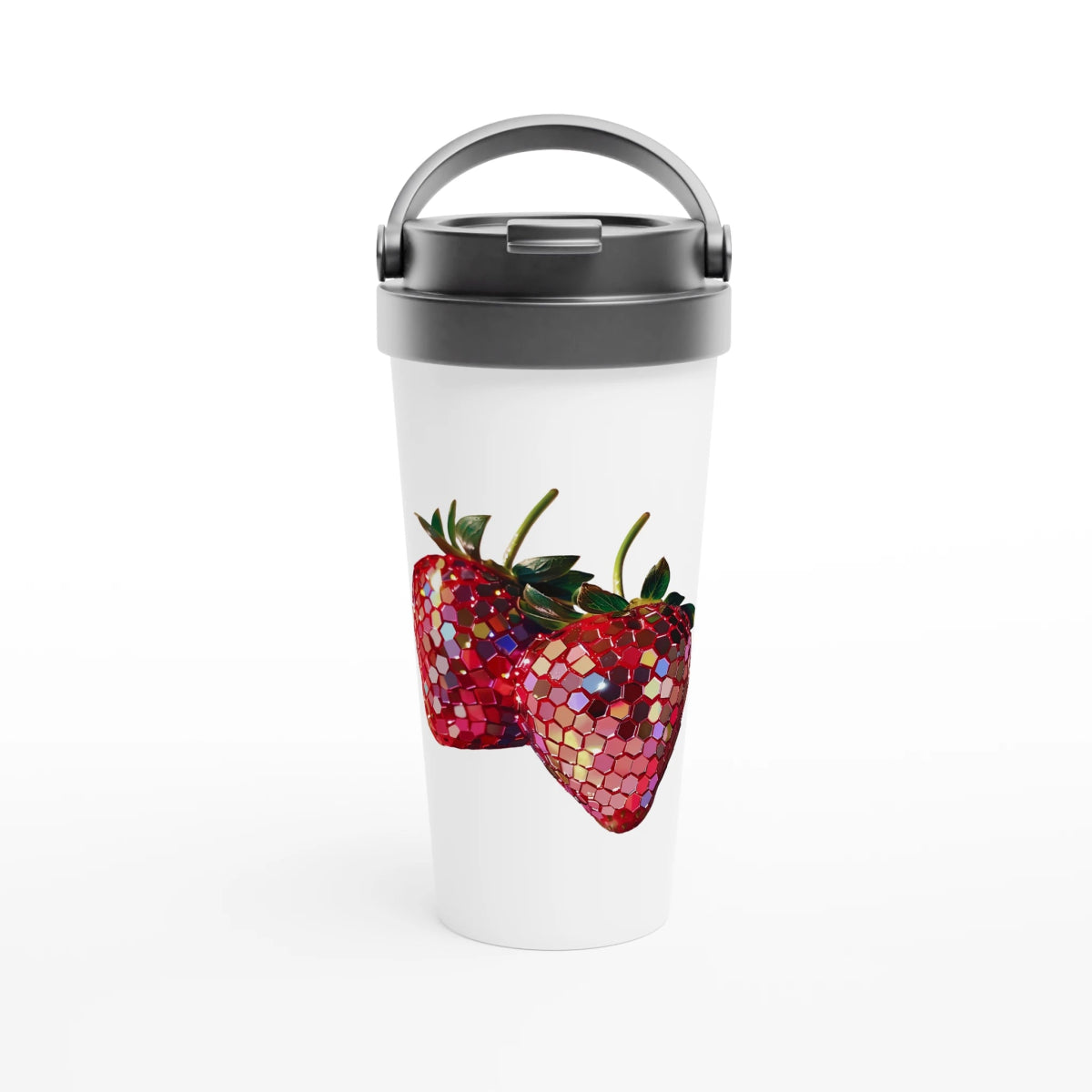 White Stainless Steel Water Bottles & Travel Mugs | Strawberry Disco - White 15oz Stainless Steel Travel Mug - 